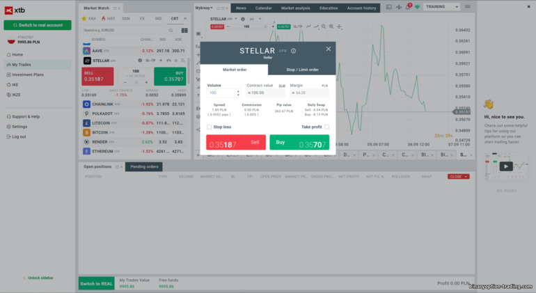 XTB ऑर्डर एंट्री पैनल